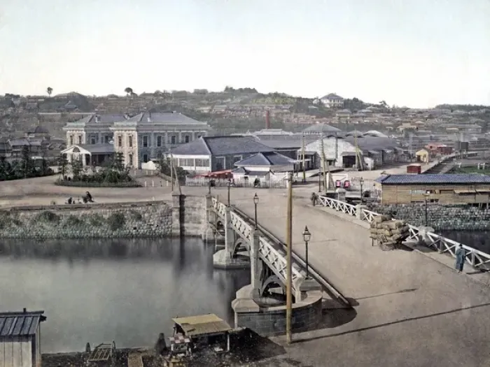 Framed Print : Railway station and bridge, Yokohama, Japan, circa 1880s Framed Print : Railway station and bridge, Yokohama, Japan, circa 1880s