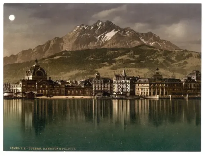 Framed Print : Railway station and Pilatus by moonlight, Lucerne, Switzerla Framed Print : Railway station and Pilatus by moonlight, Lucerne, Switzerla