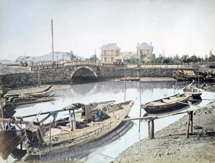 Framed Print : Railway station and Shinbashi bridge, Japan, circa 1880s. Date: circa 1880s Framed Print : Railway station and Shinbashi bridge, Japan, circa 1880s. Date: circa 1880s