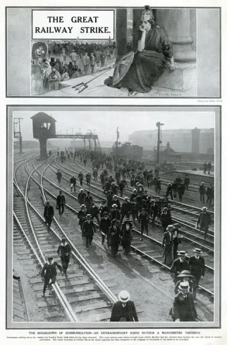 Framed Print : Railway strike 1911: Manchetser terminus, walking passagers Framed Print : Railway strike 1911: Manchetser terminus, walking passagers