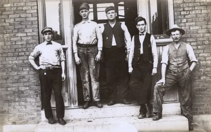 Framed Print : Railway workers outside their work premises, USA Framed Print : Railway workers outside their work premises, USA