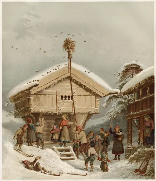 Framed Print : Raising the Bird-Pole (with a sheaf at the top) - a traditional Norwegian Christmas Framed Print : Raising the Bird-Pole (with a sheaf at the top) - a traditional Norwegian Christmas