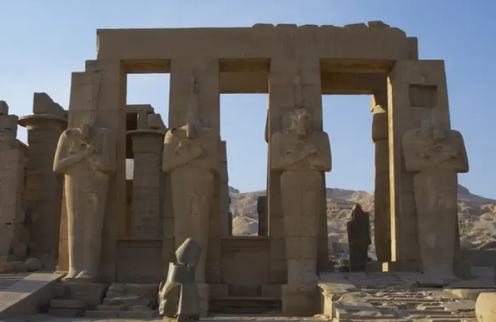 Framed Print : Rameseum. Pillars with osirian statues. Egypt