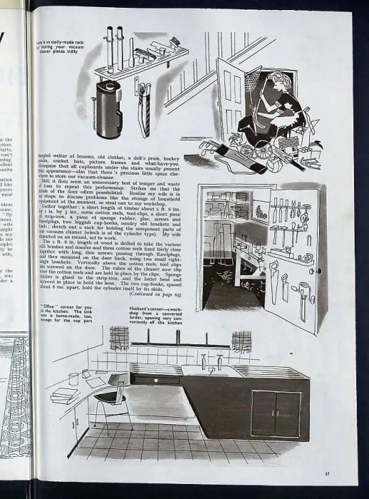 Framed Print : A range of DIY ideas for the home, including a vacuum cleaner storage rack, an office area in the kitchen, and a husband's corner in a converted larder. Date: 1954 Framed Print : A range of DIY ideas for the home, including a vacuum cleaner storage rack, an office area in the kitchen, and a husband's corner in a converted larder. Date: 1954