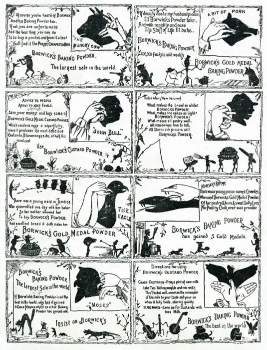 Framed Print : A range of hand silhouettes of animals, to advertise Borwicks Baking Powder Framed Print : A range of hand silhouettes of animals, to advertise Borwicks Baking Powder