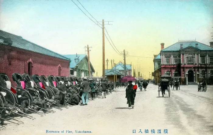 Framed Print : Ranks of Rickshaws - Entrance to the Harbour Pier, Yokohama Framed Print : Ranks of Rickshaws - Entrance to the Harbour Pier, Yokohama
