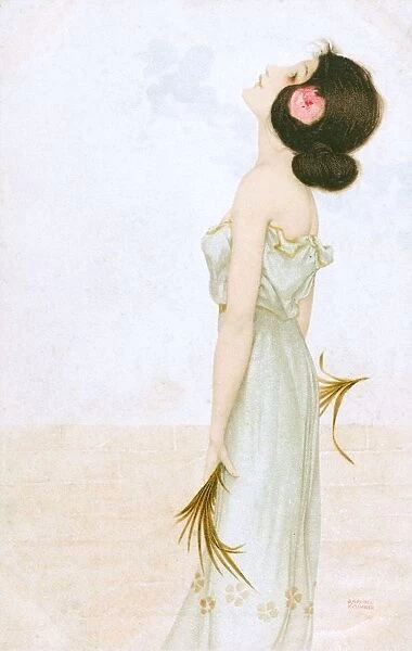 Raphael Kirchner - Art Nouveau lady holding looking upward