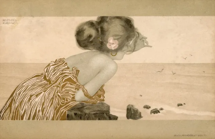 Framed Print : Raphael Kirchner - Art Nouveau Sea Girl with pink rose Framed Print : Raphael Kirchner - Art Nouveau Sea Girl with pink rose