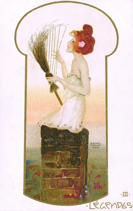 Framed Print : Raphael Kirchner - Pretty lady on a Chimney with broom harp