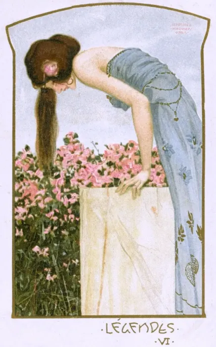 Framed Print : Raphael Kirchner - Pretty lady looking down on pink flowers Framed Print : Raphael Kirchner - Pretty lady looking down on pink flowers