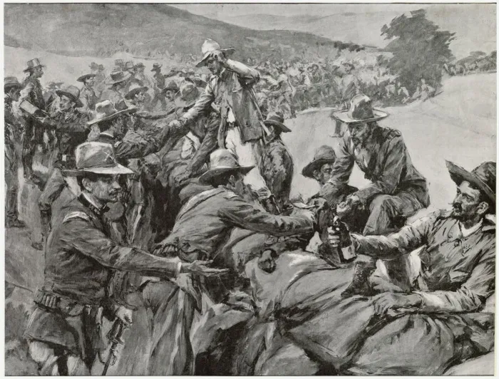 Framed Print : Rapprochement between Spanish and American forces following the surrender of Santiago Framed Print : Rapprochement between Spanish and American forces following the surrender of Santiago