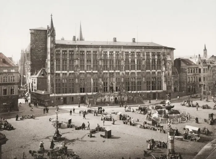 Framed Print : Rathaus, city hall and street market, Aachen, Germany Framed Print : Rathaus, city hall and street market, Aachen, Germany