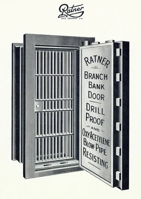 Framed Print : Ratner branch bank strong room door, drill proof and blowpipe resisting. Date: circa 1920s Framed Print : Ratner branch bank strong room door, drill proof and blowpipe resisting. Date: circa 1920s