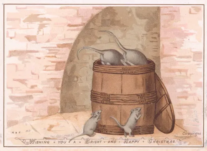 Framed Print : Four rats and a barrel on a Christmas card Framed Print : Four rats and a barrel on a Christmas card
