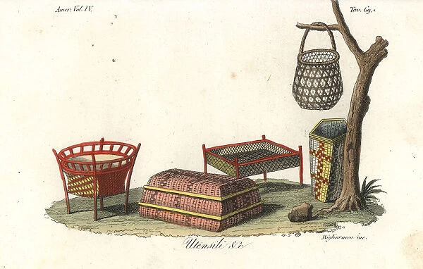 Rattan table and baskets made by the Island