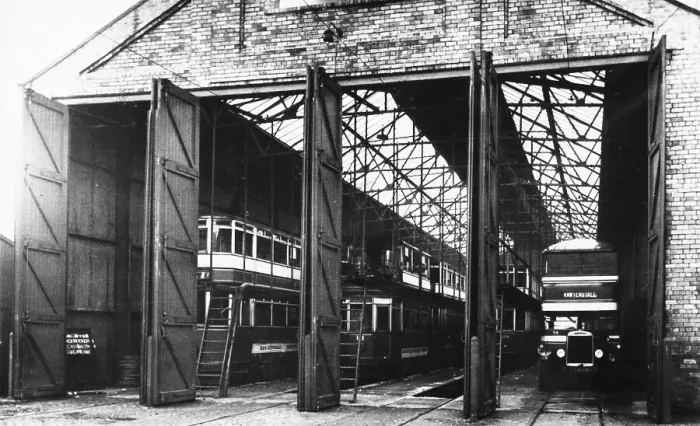 Framed Print : Rawtenstall bus and tram depot, possibly 1920s Framed Print : Rawtenstall bus and tram depot, possibly 1920s