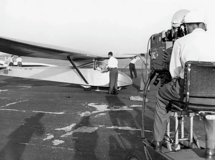 Framed Print : Raymond Baxter being filmed in a Slingsby T. 21 glider Framed Print : Raymond Baxter being filmed in a Slingsby T. 21 glider