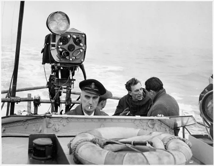 Framed Print : Raymond Baxter filming at sea, on location Framed Print : Raymond Baxter filming at sea, on location