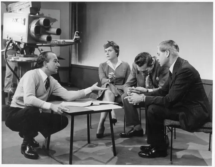 Framed Print : Raymond Baxter interviewing Captain James Linton A. F. C Framed Print : Raymond Baxter interviewing Captain James Linton A. F. C