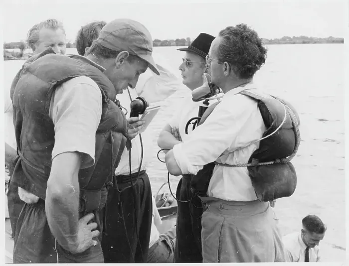 Framed Print : Raymond Baxter in life-jacket and base-ball cap