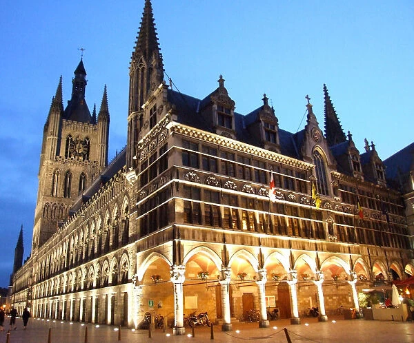The re-built Ypres Cloth Hall at night