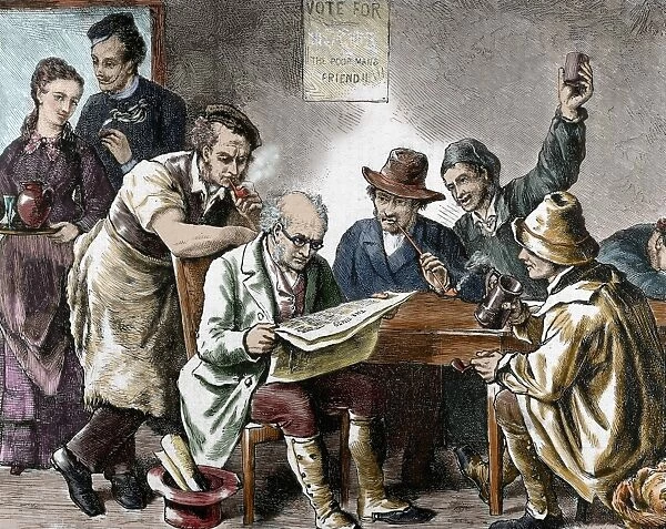 Reading the newspaper in the tavern. Colored engraving, 1876