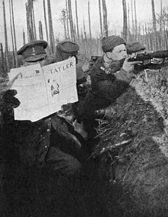 Framed Print : Reading the Tatler in the trenches Framed Print : Reading the Tatler in the trenches