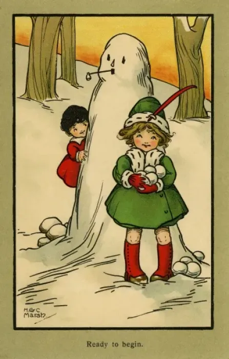 Framed Print : Ready to begin -- children with snowman and snowballs Framed Print : Ready to begin -- children with snowman and snowballs