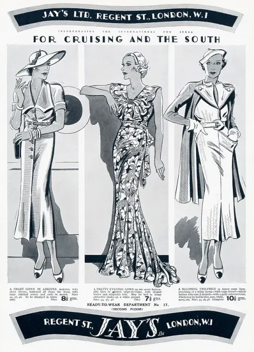 Framed Print : Three ready to wear cruising outfits for women. Date: 1935 Framed Print : Three ready to wear cruising outfits for women. Date: 1935
