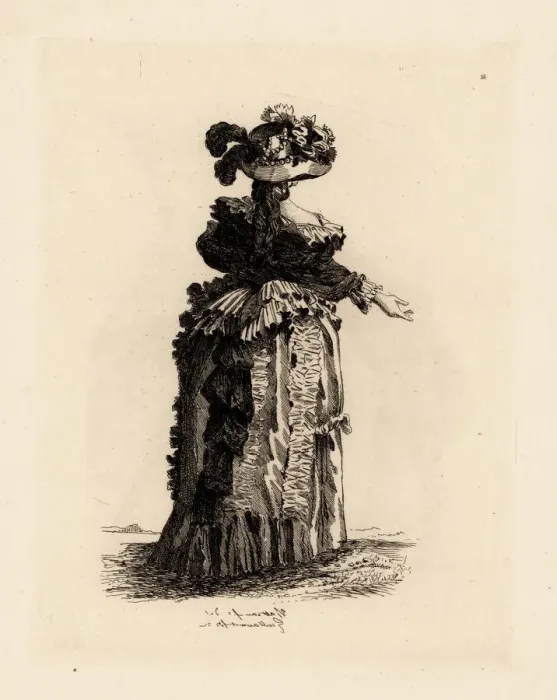 Framed Print : Rear view of fashionable womans dress, era of Marie Framed Print : Rear view of fashionable womans dress, era of Marie
