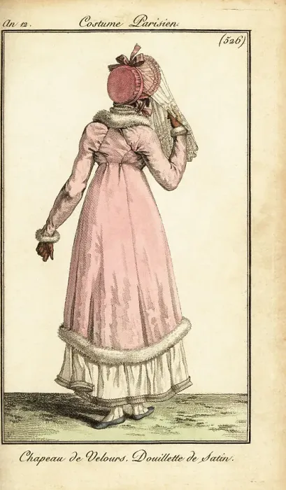 Framed Print : Rear view of a woman in a velvet hat and satin coat, Paris, 1803 Framed Print : Rear view of a woman in a velvet hat and satin coat, Paris, 1803