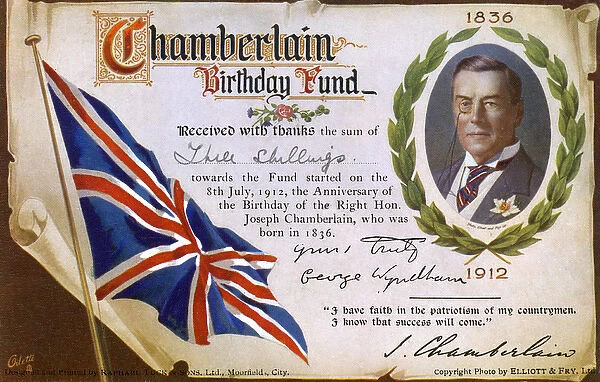 Receipt for a donation to the Chamberlain Birthday Fund
