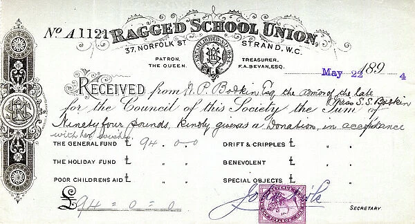 Receipt, Ragged School Union, London