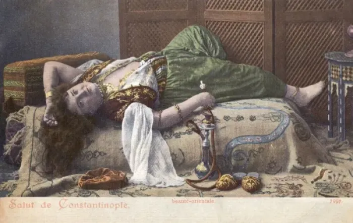 Framed Print : Reclining Oriental Beauty with Hookah Pipe Framed Print : Reclining Oriental Beauty with Hookah Pipe