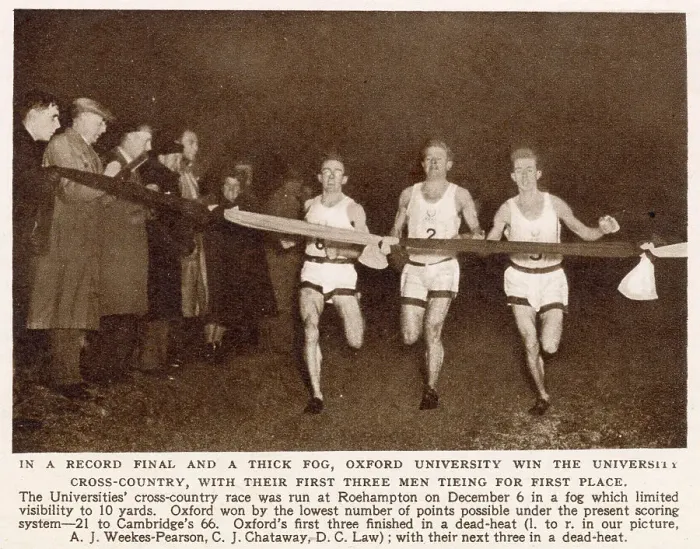 Framed Print : In a record final and a thick fog, Oxford University win the University cross-country with their first three men in first place - A. J. Weekes-Pearson, C. J. Chataway, D. C. Law Framed Print : In a record final and a thick fog, Oxford University win the University cross-country with their first three men in first place - A. J. Weekes-Pearson, C. J. Chataway, D. C. Law