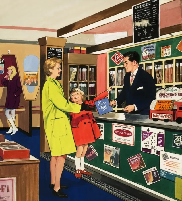 Framed Print : Record shop assistant