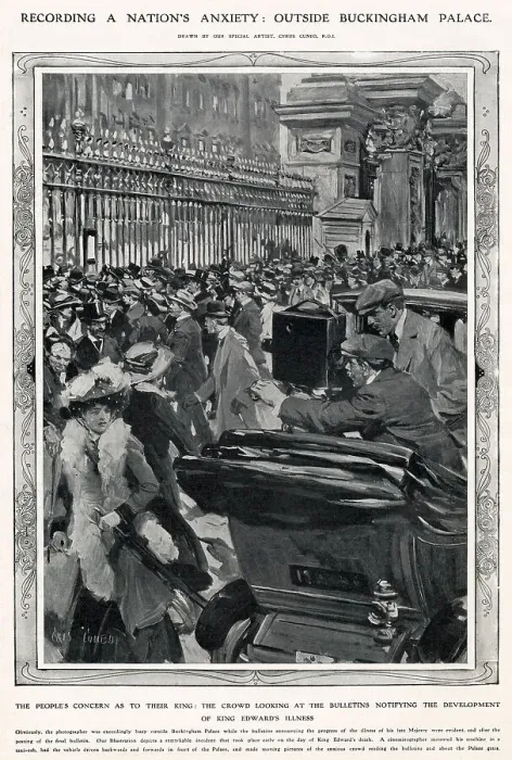 Framed Print : Recording the nation's anxiety outside Buckingham Palace in London. Waiting for a bulletin notifying of the development of King Edward illness. Date: May 1910 Framed Print : Recording the nation's anxiety outside Buckingham Palace in London. Waiting for a bulletin notifying of the development of King Edward illness. Date: May 1910