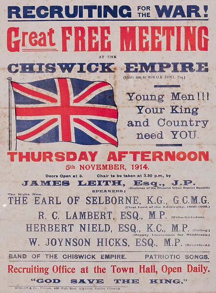 Recruitment poster, Meeting at Chiswick Empire, London, WW1