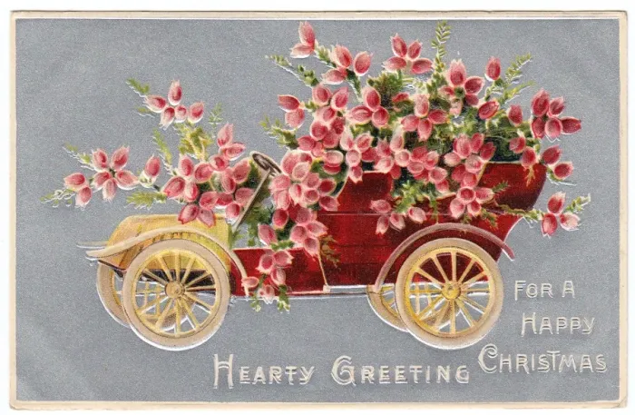 Framed Print : Red car full of flowers on a Christmas postcard Framed Print : Red car full of flowers on a Christmas postcard