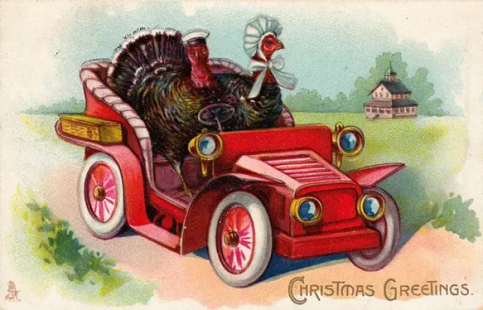 Framed Print : Red car with turkey couple on a Christmas postcard Framed Print : Red car with turkey couple on a Christmas postcard