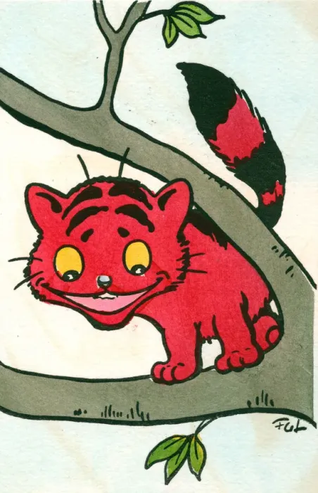 Framed Print : Red cat in a tree on a postcard Framed Print : Red cat in a tree on a postcard