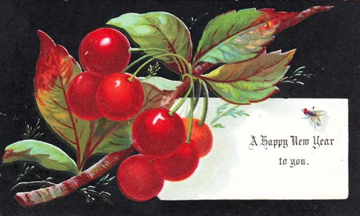 Framed Print : Red cherries on a New Year card Framed Print : Red cherries on a New Year card