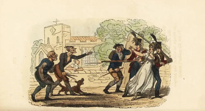 Framed Print : Two red-coat soldiers running off with a tailor's wife, Georgian Framed Print : Two red-coat soldiers running off with a tailor's wife, Georgian