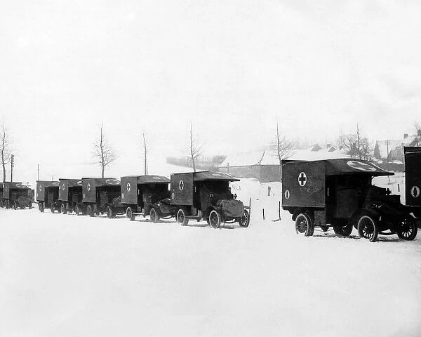 Red Cross ambulances in the snow, Western Front, WW1