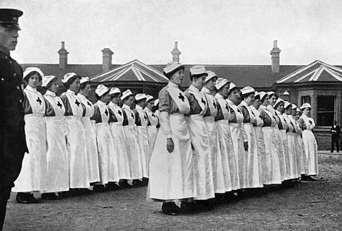 Framed Print : Red Cross nurses on parade in Harwich during World War I Framed Print : Red Cross nurses on parade in Harwich during World War I