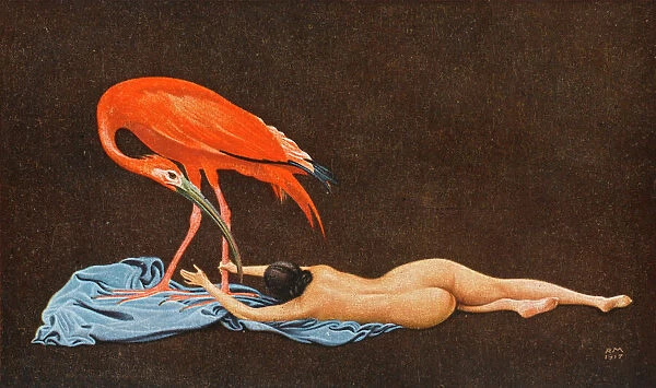The Red Ibis. A fantasy postcard depicting a naked woman, lying on the ground, turned away