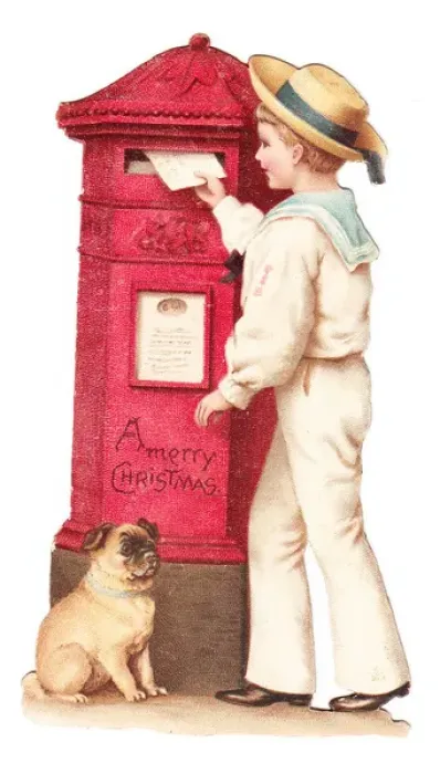 Framed Print : Red pillar box with boy and dog on a Christmas card Framed Print : Red pillar box with boy and dog on a Christmas card
