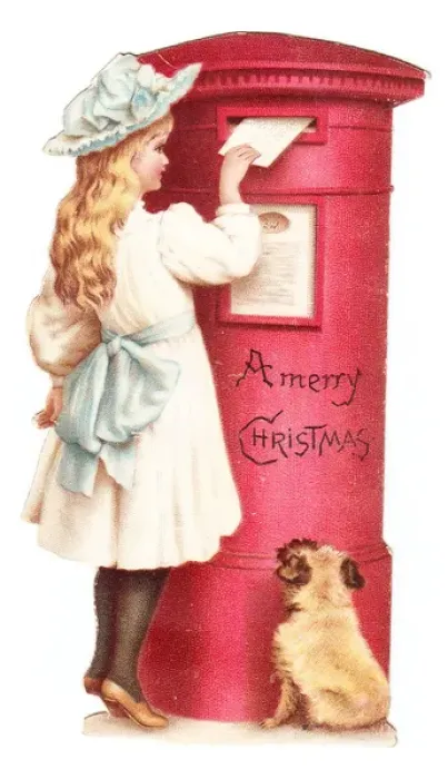 Framed Print : Red pillar box with girl and dog on a Christmas card Framed Print : Red pillar box with girl and dog on a Christmas card