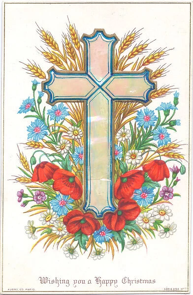 Red poppies and a cross on a Christmas card