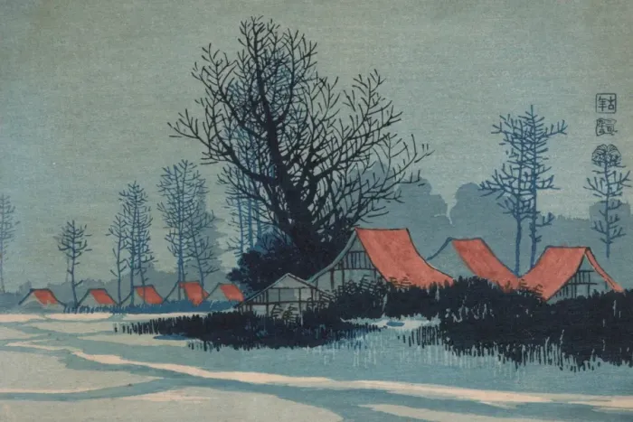 Framed Print : Red roofs. Print shows the red roofs of low buildings in a winter landscape Framed Print : Red roofs. Print shows the red roofs of low buildings in a winter landscape